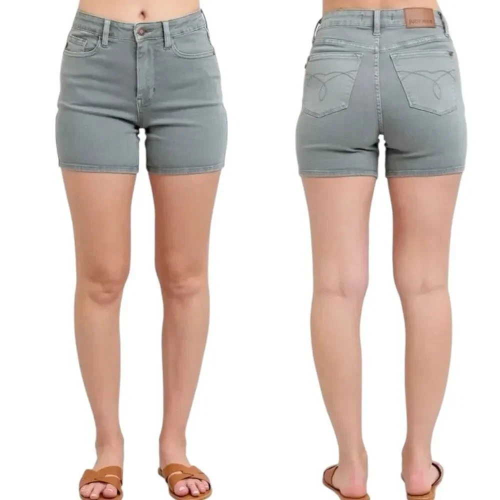 Judy Blue High Rise Stretch Denim Garment Dyed Shorts - Sage Green Large NWT